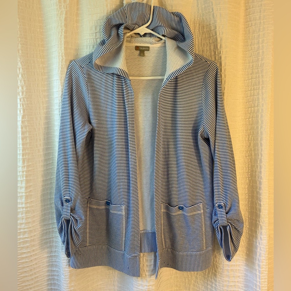 Talbots Blue & White Striped Hooded Knit Cardigan